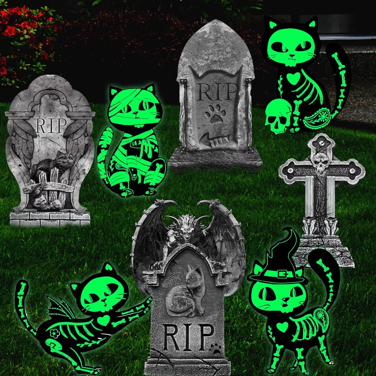 8PCS Halloween Decorations Outdoor, 4pcs Glow in the Dark Black Cat 4pcs Graveyard Tombstones Signs